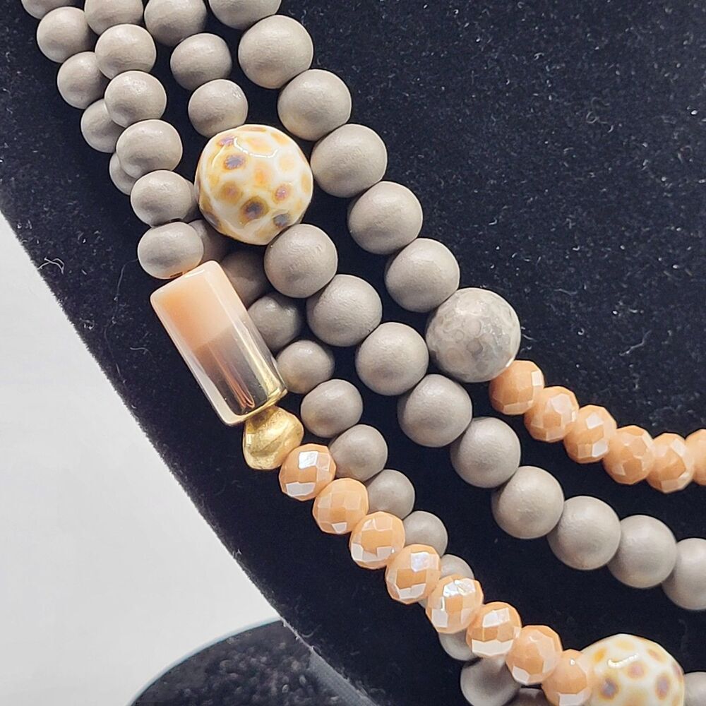 Gorgeous Grey and Pink Multilayer Necklace 18in wood ceramic stone